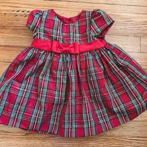 Red Plaid Girls Holiday Dress with Satin Waist Bow